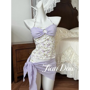 紫色小碎花比基尼 分体裙式 分体泳衣女显瘦遮肚保守款 防走光游泳装