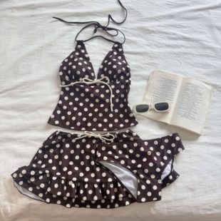 泳衣女新款 显瘦遮肉复古波点分体聚拢高级感泡温泉可可 三件套裙式