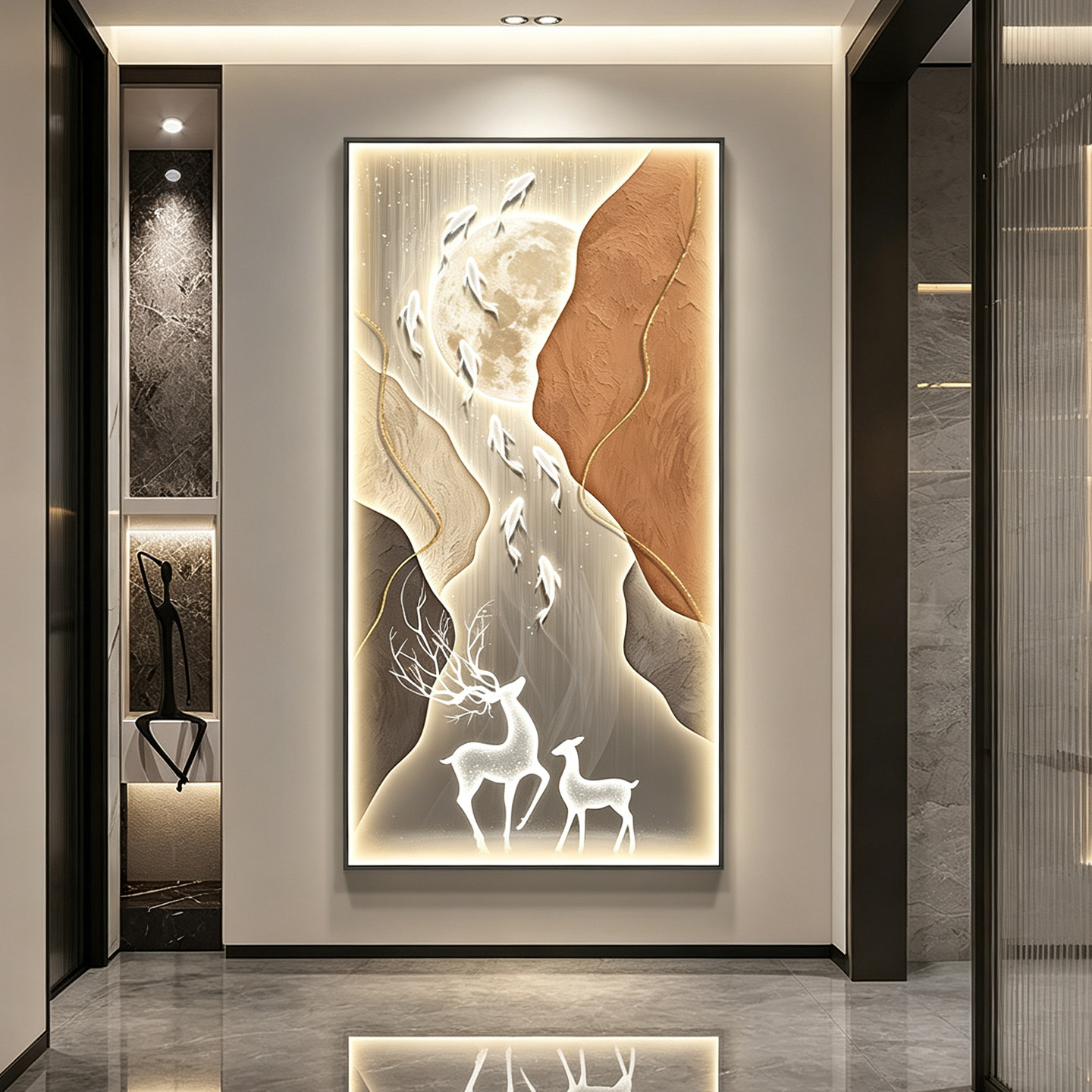 现代轻奢风大气走廊过道挂画九鱼聚福玄关装饰画竖版高档抽象壁画