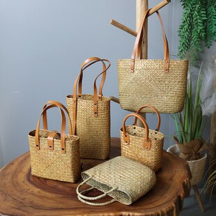 田园风手工编织海草手提包包花篮手拎包收纳袋挎包摄影道具草编篮