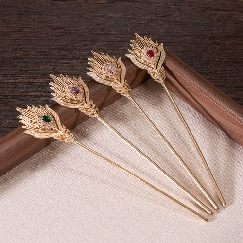 孔雀翎 新中式合金简约复古风盘发汉服发饰发簪原创设计步摇钗