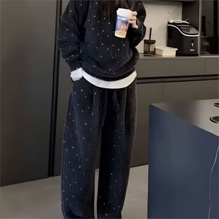 秋冬季加厚套装裤子新款2026男女同款彩织连帽卫衣休闲裤两件套装