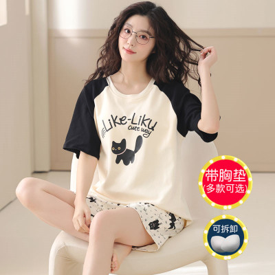 睡衣女夏短袖短裤带胸垫纯棉套装