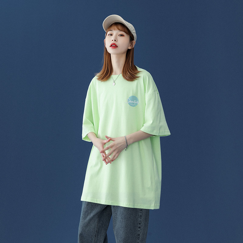 21 / summer loose solid round neck short sleeve printed t-shirt tee female