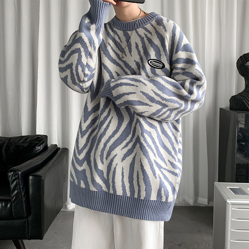 20 / winter men's loose round neck zebra sweater