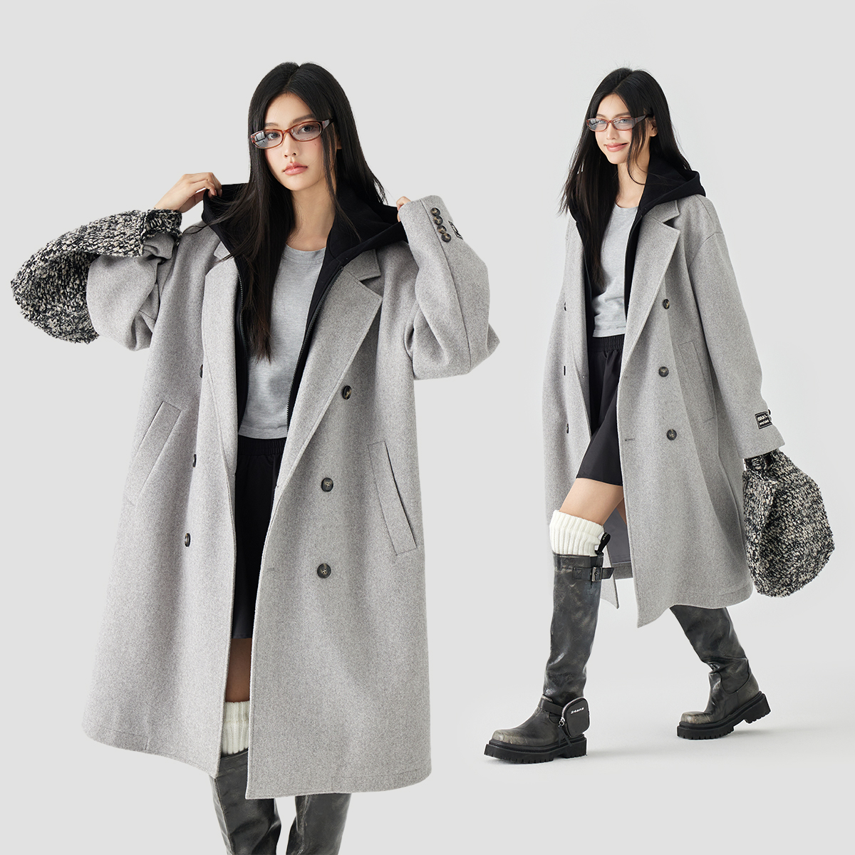 MPUX纯色假两件双排扣连帽风衣宽松休闲冬季毛呢子大衣保暖外套潮