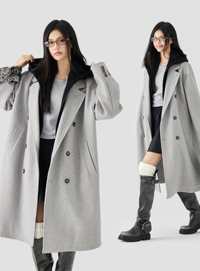 MPUX纯色假两件双排扣连帽风衣宽松休闲冬季毛呢子大衣保暖外套潮