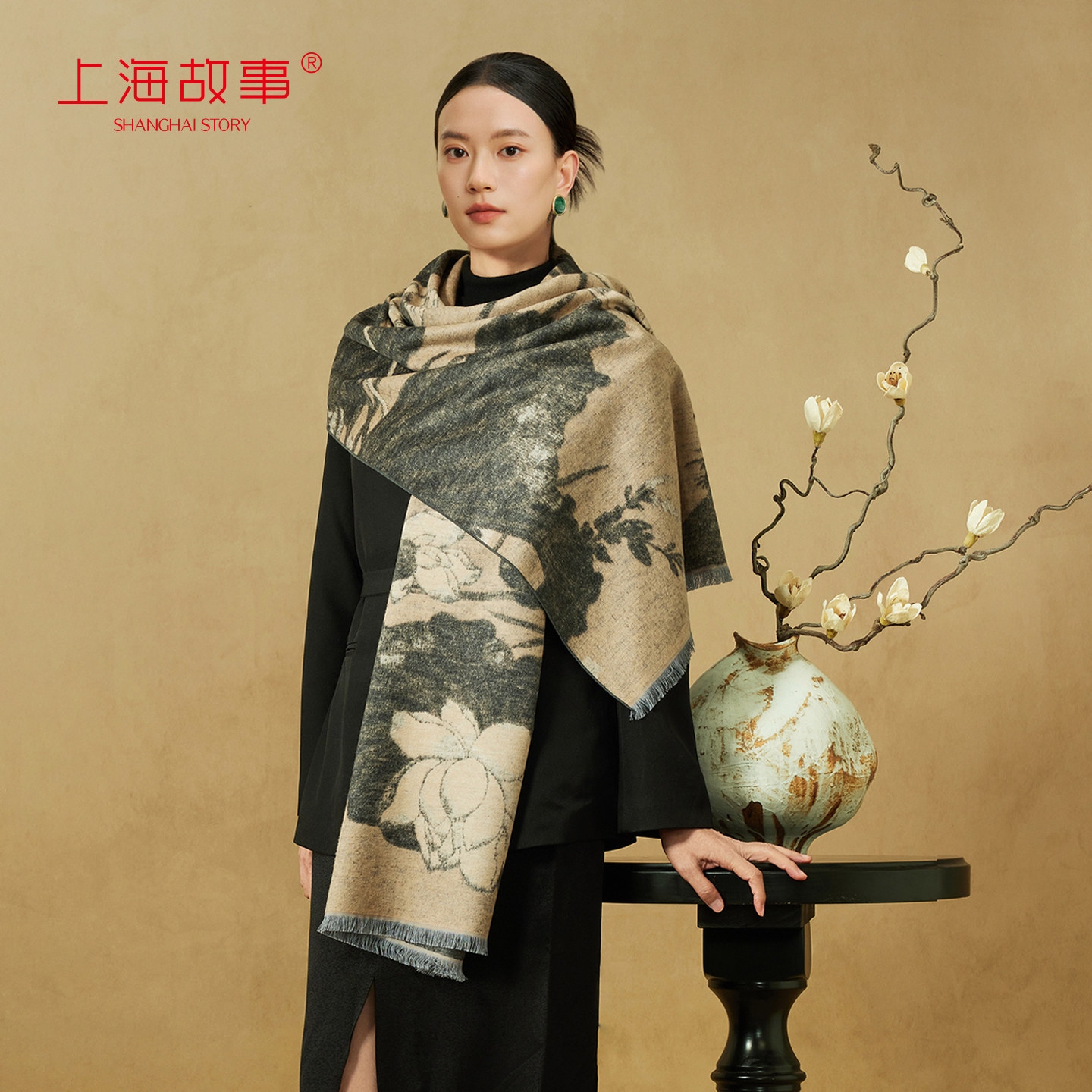 上海故事秋冬真丝拉绒围巾披肩图片