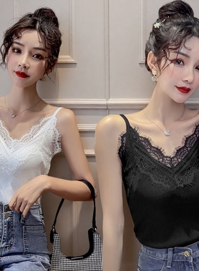 性感v领蕾丝拼接吊带背心女夏季新款内搭修身花边打底衫外穿上衣