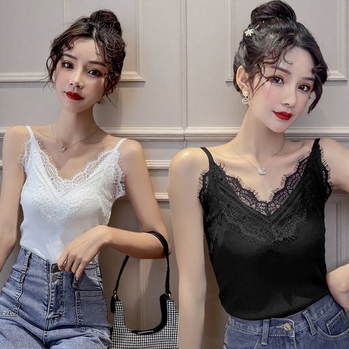 性感v领蕾丝拼接吊带背心女