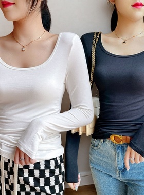 长袖打底衫女春秋新款内搭u领t恤韩版大码紧身显瘦露背低领上衣潮