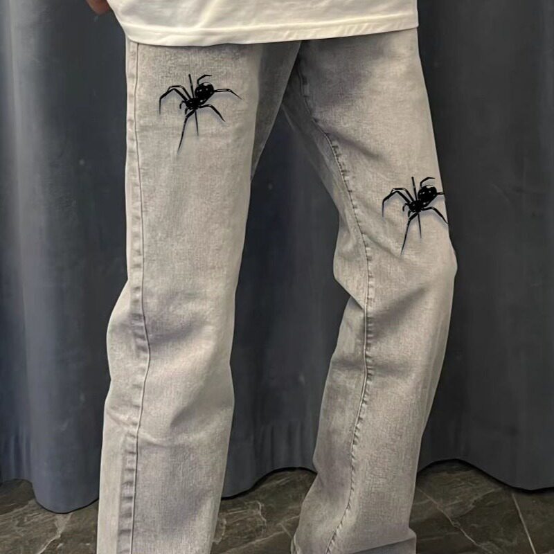 中大童美式高街印花蜘蛛牛仔裤休闲潮ins直筒黑色烟灰色裤子男款,童装/婴儿装/亲子装,儿童牛仔裤,淘宝优惠券,粉丝福利购,淘宝优惠卷