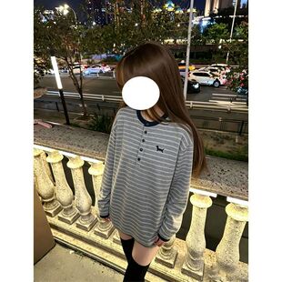 快手网红同款亨利领条纹小狗印花长袖t恤女宽松显瘦儿童上衣ins风