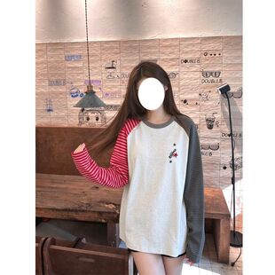 快手网红同款秋季新款中大童小个子长袖上衣条纹拼色穿搭插肩袖女