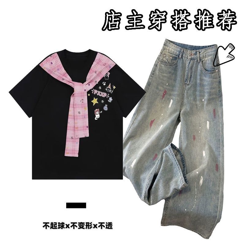 新款中大童运动学生女童夏季儿童上衣短袖披肩泼墨牛仔长裤两件套