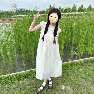 网红社会女新款小飞袖系带木耳边温柔风仙女童装超仙宽松连衣裙夏
