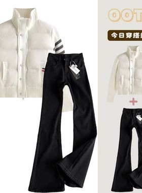 中大童装四条杠拼接针织棉服立领外套+中大童黑色柳叶弯刀牛仔裤