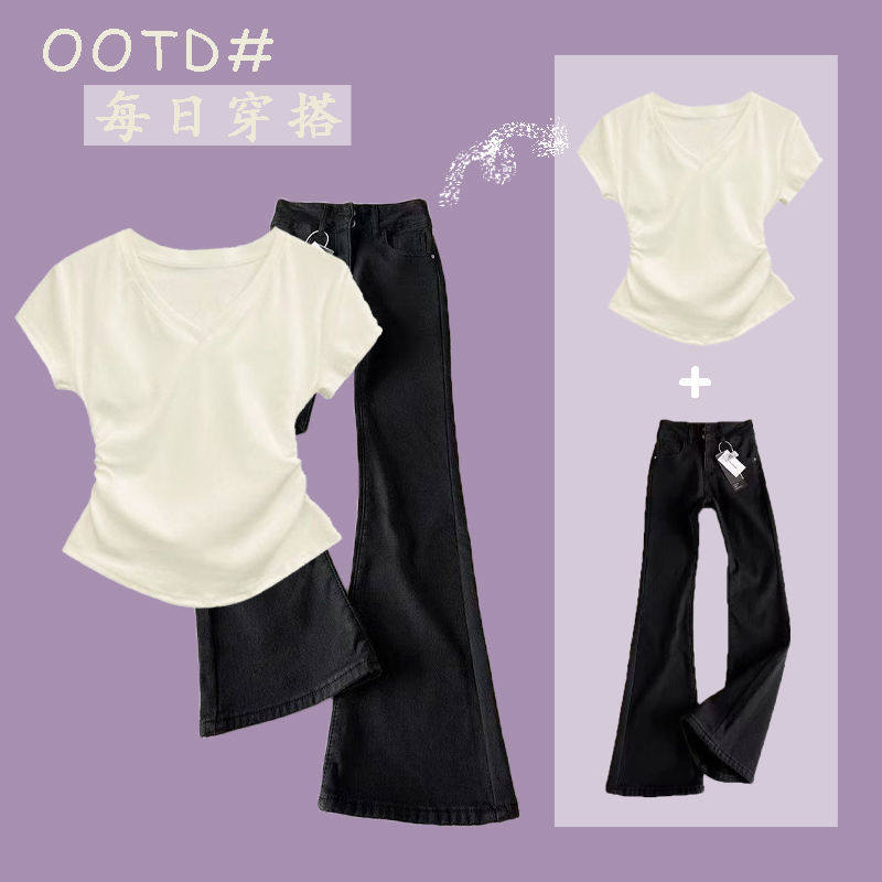 美式高街中大童裤子夏季女童两件套黑色微喇牛仔裤修身微喇短袖潮