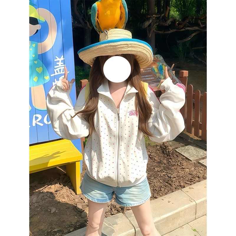 中大童美式复古星星立领拉链外套女秋冬宽松休闲运动夹克白色外套