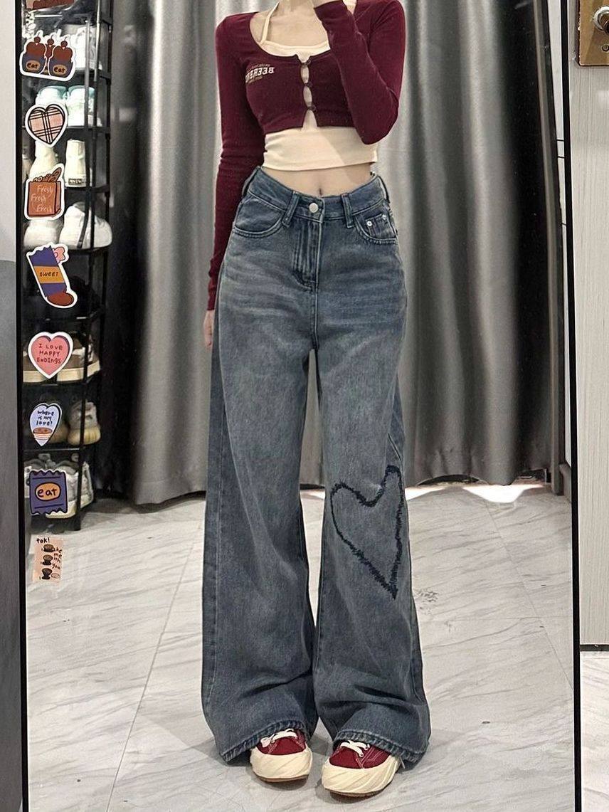 夏季中大童新款美式高街牛仔裤爱心印花设计感高腰学生直筒拖地裤,童装/婴儿装/亲子装,儿童牛仔裤,淘宝优惠券,粉丝福利购,淘宝优惠卷