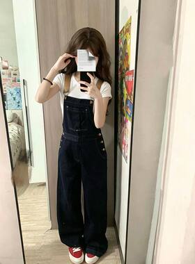 中大童复古背带裤女夏季短款上衣2026新款宽松简约牛仔长裤两件套