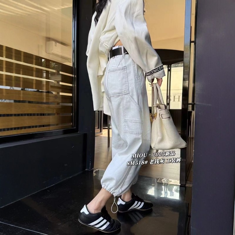 2025春季新款浅灰色阔腿牛仔裤女八九分小个子高腰显瘦直筒工装裤