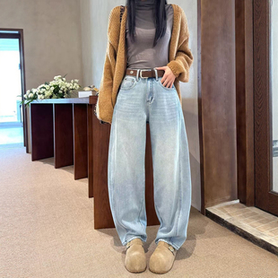 秋冬新款浅蓝色加绒加厚阔腿牛仔裤女宽松高腰大码休闲弯刀拖地裤