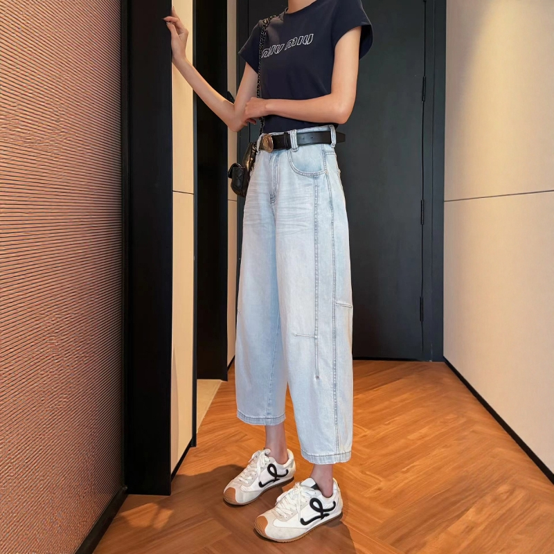 2025夏季新款阔腿牛仔弯刀裤女八分小个子薄款宽松休闲直筒奶奶裤