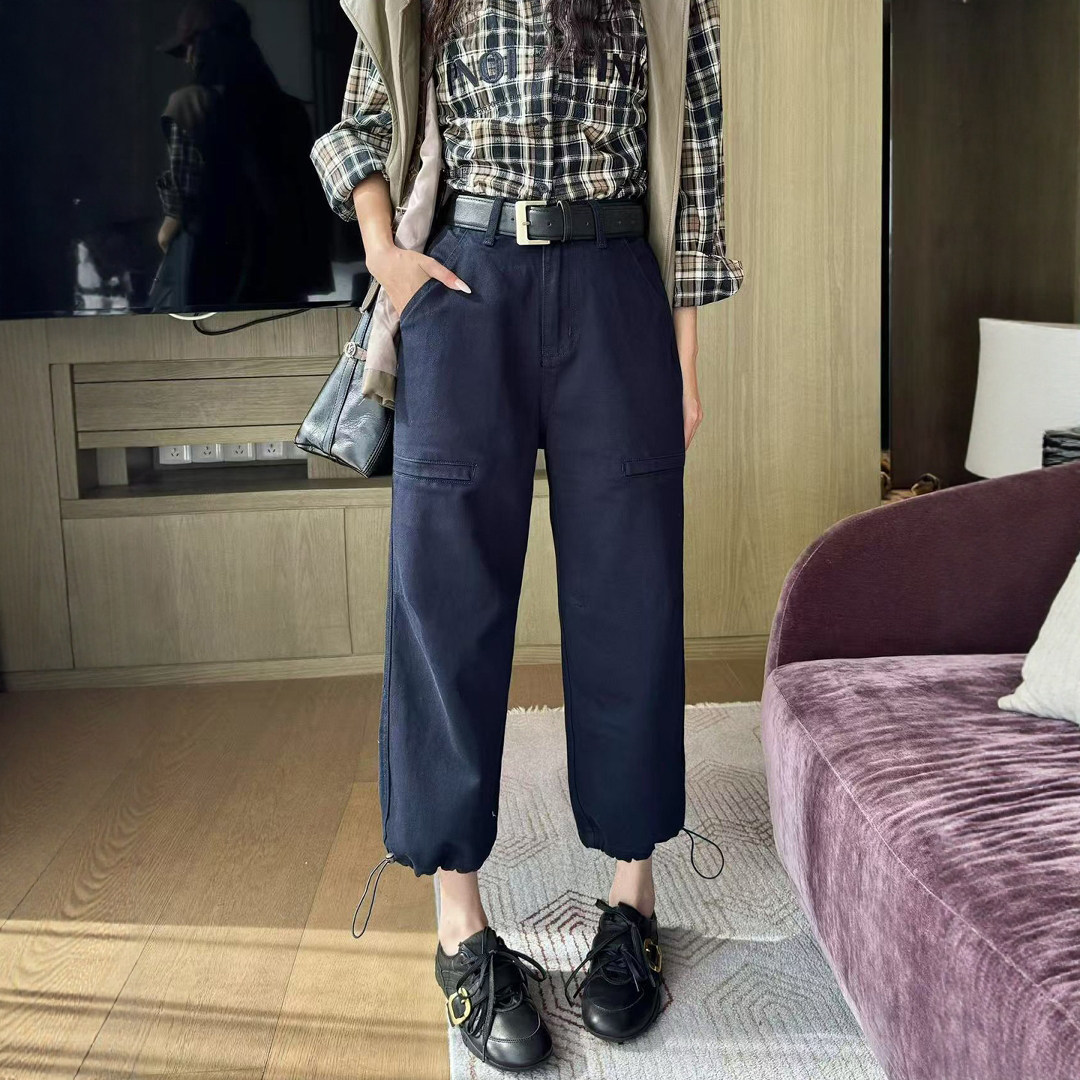 秋新款藏青色工装牛仔裤女束脚裤