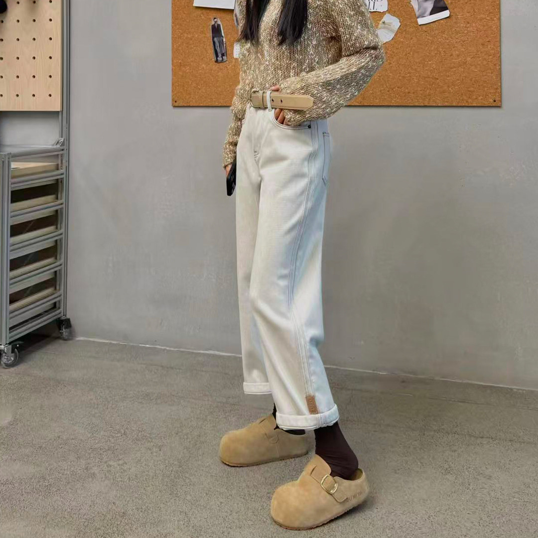 冬季新款浅灰色加绒直筒牛仔裤女高腰显瘦八九分小个子窄版法棍裤