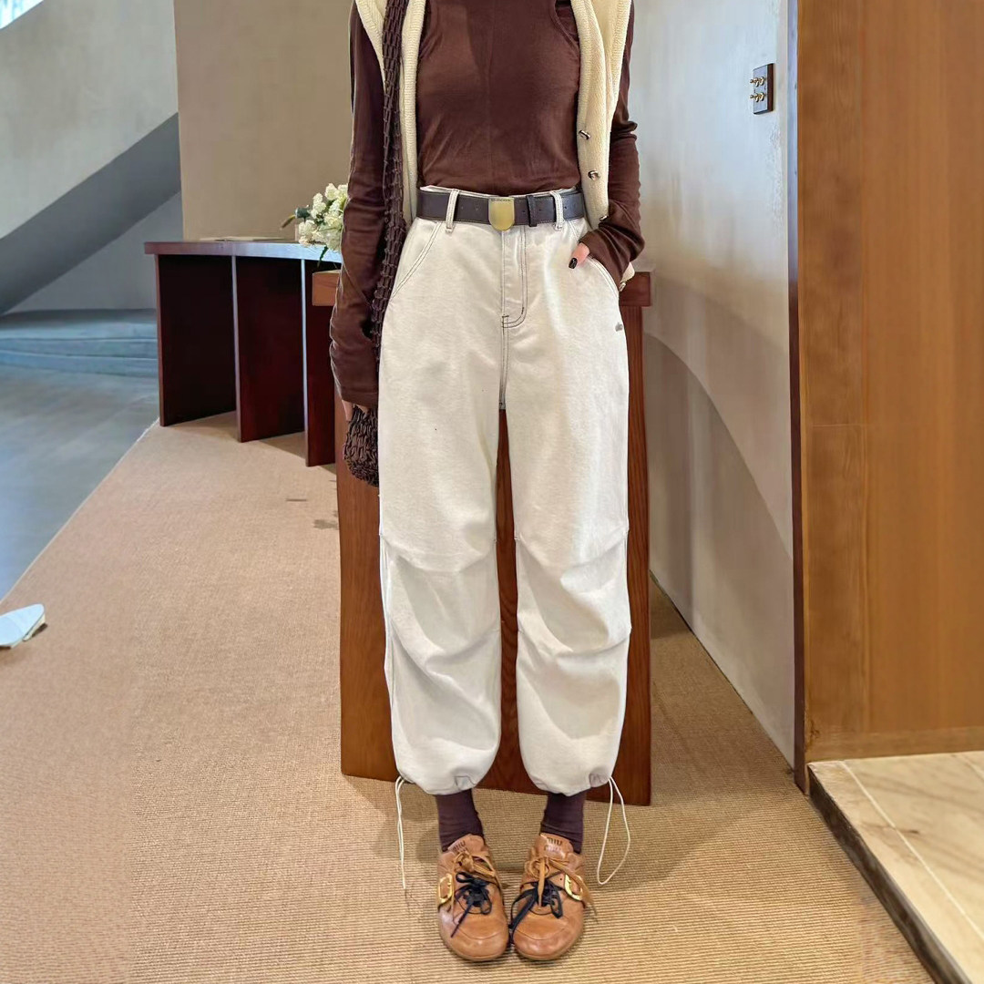 老钱咖牛仔工装裤女宽松高腰九分