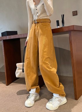 欧货春新款橙色阔腿牛仔裤女高腰显瘦高个子垂感长裤子弯刀拖地裤