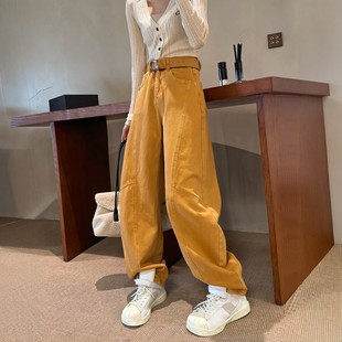 欧货春新款橙色阔腿牛仔裤女高腰显瘦高个子垂感长裤子弯刀拖地裤