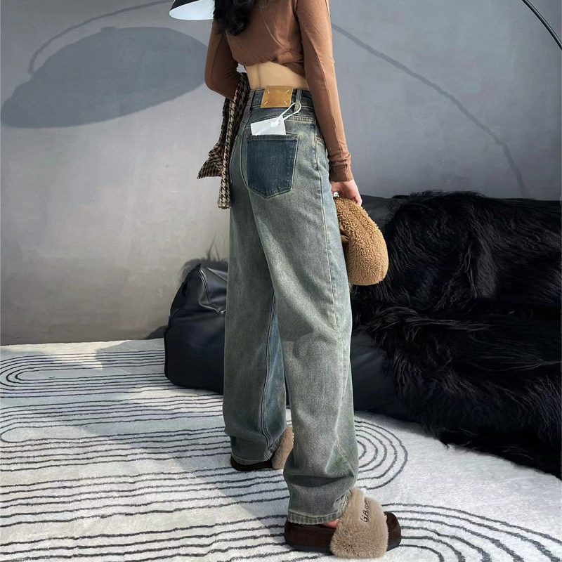 欧货秋冬新款复古蓝加绒阔腿牛仔裤女宽松高腰长裤窄版直筒拖地裤