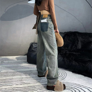 欧货秋冬新款复古蓝加绒阔腿牛仔裤女宽松高腰长裤窄版直筒拖地裤