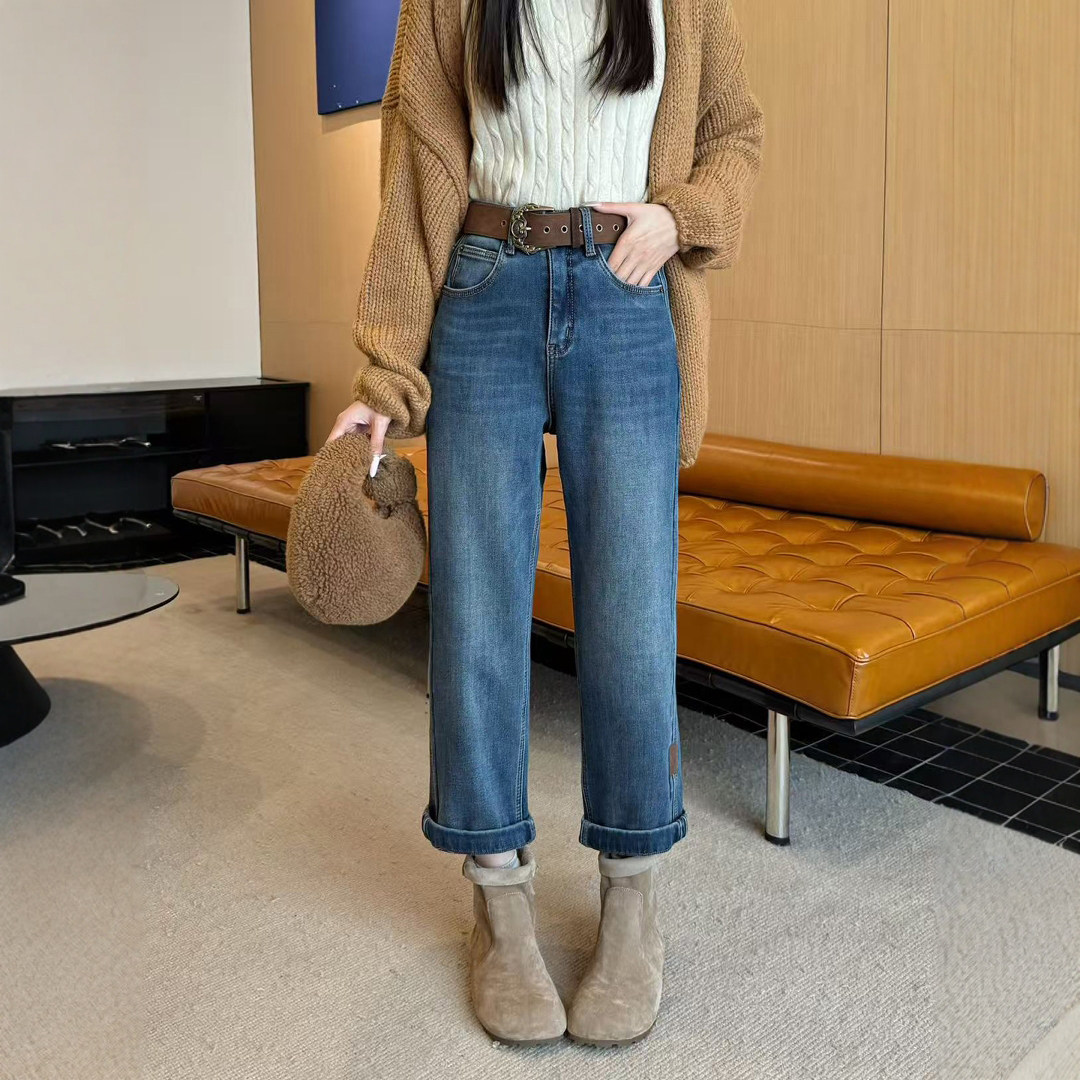 欧货冬季新款蓝色加绒牛仔裤女直筒高腰显瘦九分窄版法棍裤烟管裤