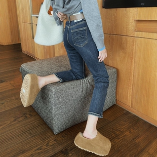 2025秋冬新款蓝色加绒加厚牛仔烟管裤女高腰修身九分小个子直筒裤
