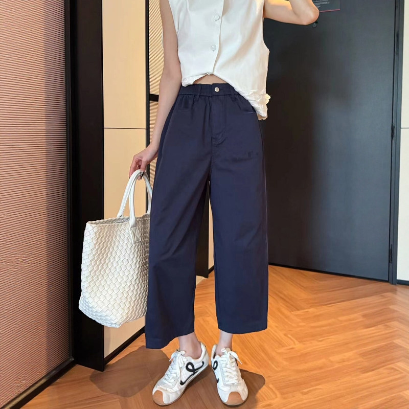 2025夏季超薄休闲裤女阔腿裤凉快松紧腰小个子八分裤藏青色直筒裤