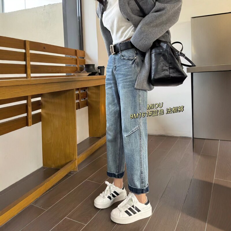 米欧2025春季新款直筒牛仔裤女八九分宽松窄版小个子法棍裤烟管裤