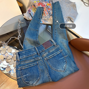 高腰牛仔裤女秋冬新款弹力紧身显瘦提臀植绒九分铅笔小脚裤小个子
