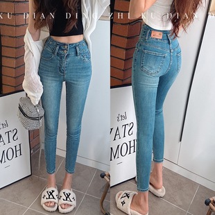 女高腰两粒扣显瘦性感提臀铅笔裤 超洋气紧身小脚铅笔裤 弹力牛仔裤
