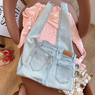 浅色高腰小脚裤女秋冬新款修身显瘦弹力紧身九分铅笔裤加绒加厚