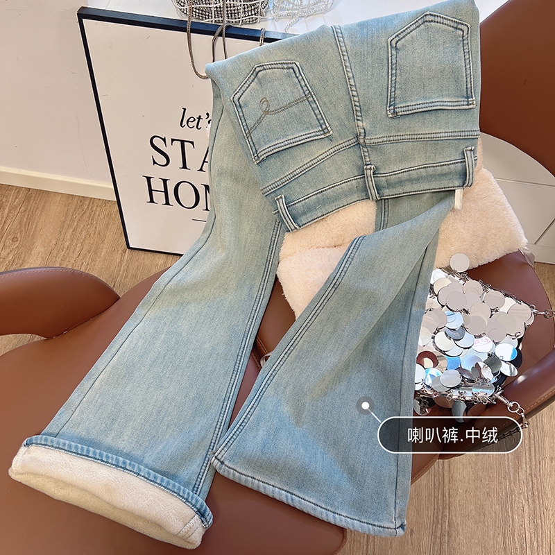 秋冬浅蓝色加绒复古微喇叭修身牛仔裤女春秋高腰显瘦紧身马蹄裤