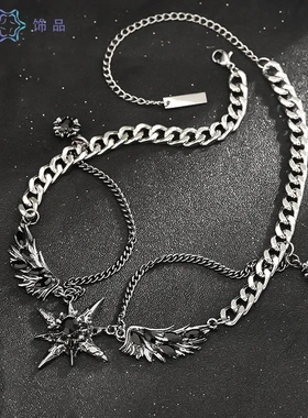 六芒星双层项链男羽翼高级感钛钢不掉色配饰女简约百搭个性风饰品
