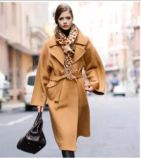 2019秋冬中长款明星同款女装尼子毛呢外套系腰带驼色羊绒大衣12新