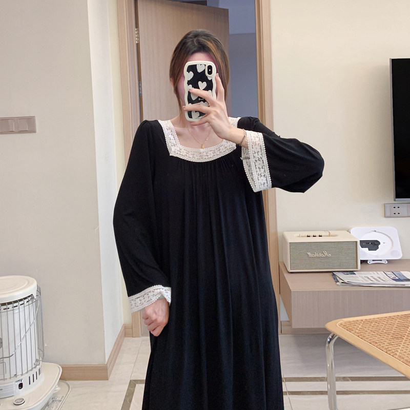 睡裙莫代尔大码胖MM200斤春秋长袖长款高级感宽松家居服孕妇睡衣
