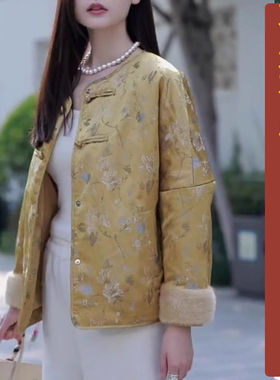 QW2zmzy明制宽松秋季香云纱复古圆领毛袖口黄色外套纸样新款汉服