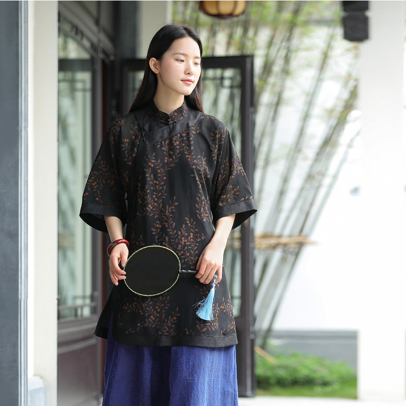 ZM933 봄과 여름 향기로운 구름 원사 HANFU 플레이트 버클 여성용 종이 패턴 새로운 중국 스타일 스탠드 칼라 실크 탑 니트 사용자 정의