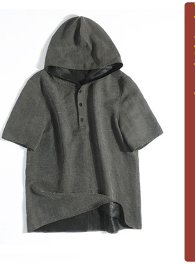 NR38雨墨龟裂纹香云纱带帽短袖双面可穿上衣男纸样新款汉服定制图