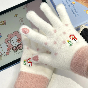 ins时尚韩系甜美卡通圣诞节冬季毛绒手套学生加厚骑车可触屏手套